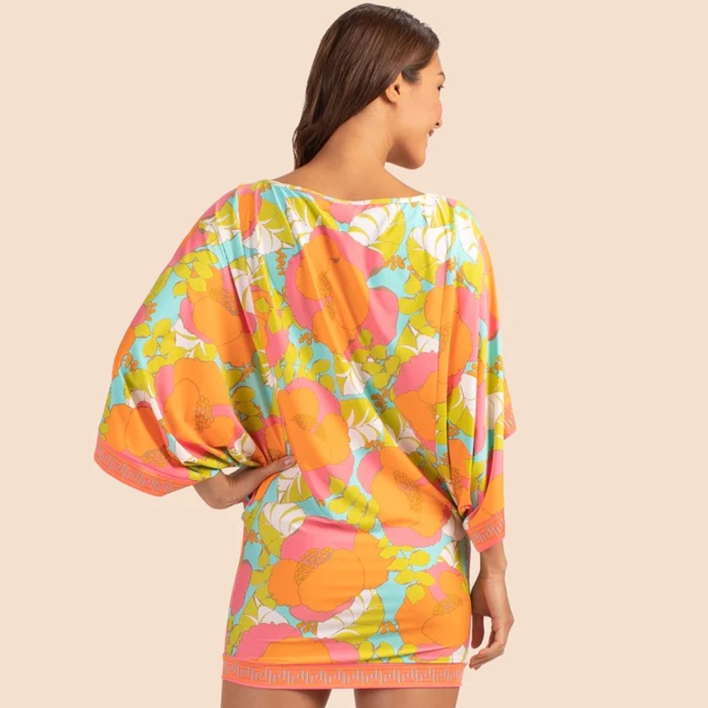 New Trina Turk Playa de Flor Swim Drape Sleeve Boatneck Tunic Floral Mini Dress - Picture 3 of 6
